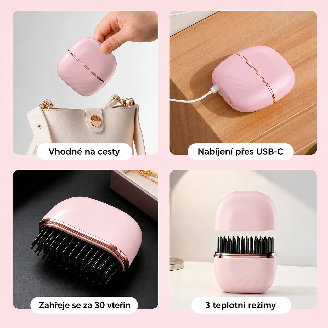 Koláž GlowBrush při cestování, nabíjení a použití